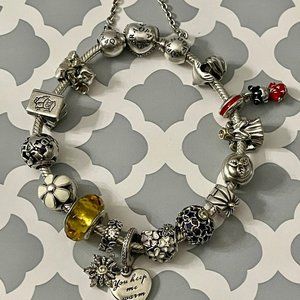 Pandora Pave Heart Bracelet with 12 Charms